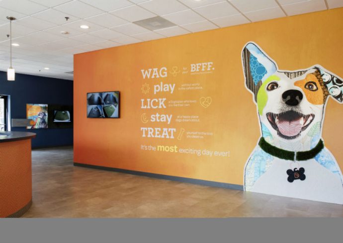 Welcome wall with the logo at Dogtopia of Union.
